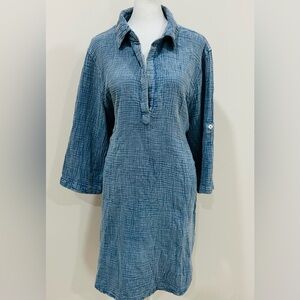 NWT Elan Tunic Dress With Slip L Roll Tab Cotton Denim Like Chambray Blue Stripe